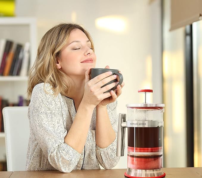 Simpli Press French Press Coffee &amp Tea Maker - Easy Cleanup &amp Customizable Smooth Coffee - Patented - Plastic-Free Premium Stainless Steel 34 oz - Red Color