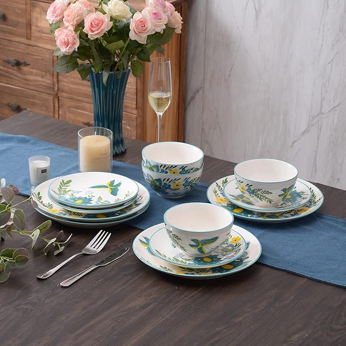 HomePop Ceramic 12-Pieces Dinnerware SetsDish Plates and Bowls Sets - Blue Turquoise