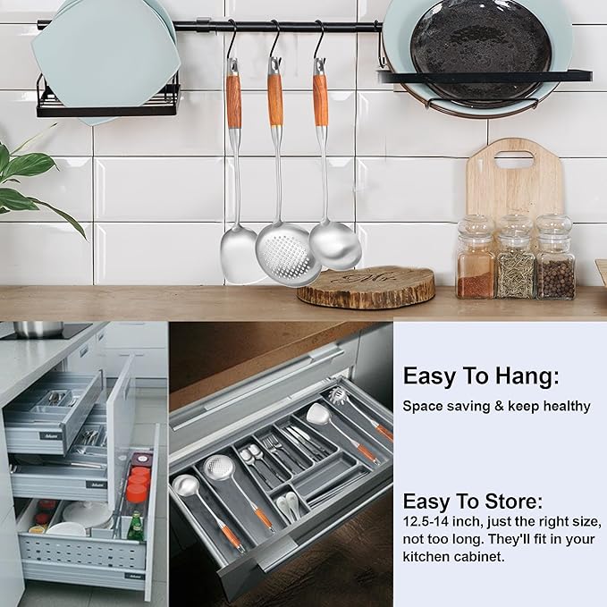Stainless Steel Cooking Utensils with Wooden Handle 6 PCS Stainless Steel Kitchen Utensils 12.5-14 Wok Spatula Ladle Skimmer Slotted Spatula Turner Spaghetti Spoon Large Spoon