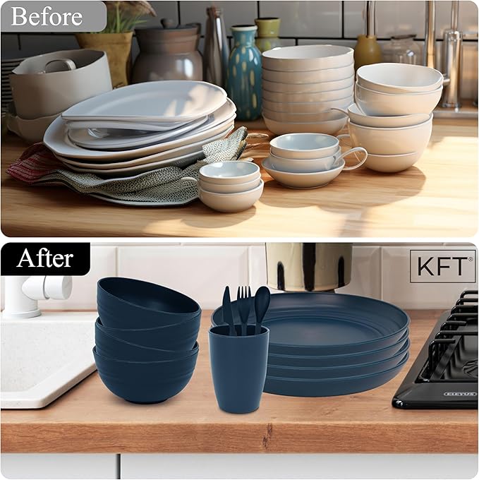 Wheat Straw Dinnerware Sets for 4 - KFT Lightweight &amp Unbreakable Dishes Microwave &amp Dishwasher Safe Perfect for Camping Picnic RV Dorm Plates Cups and Bowls (Blue 24pc)