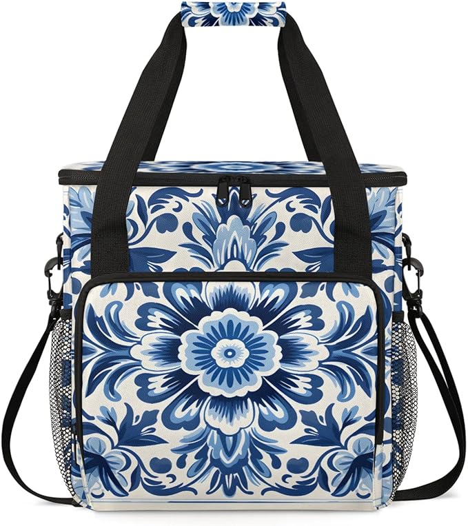 Blue Floral Printed Coffee Maker Travel Bag for Keurig K-Mini/K-Mini Plus Insulated Waterproof Tote with Pockets for K-Cup Portable Single-Serve Brewer Case