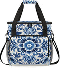 Blue Floral Printed Coffee Maker Travel Bag for Keurig K-Mini/K-Mini Plus Insulated Waterproof Tote with Pockets for K-Cup Portable Single-Serve Brewer Case