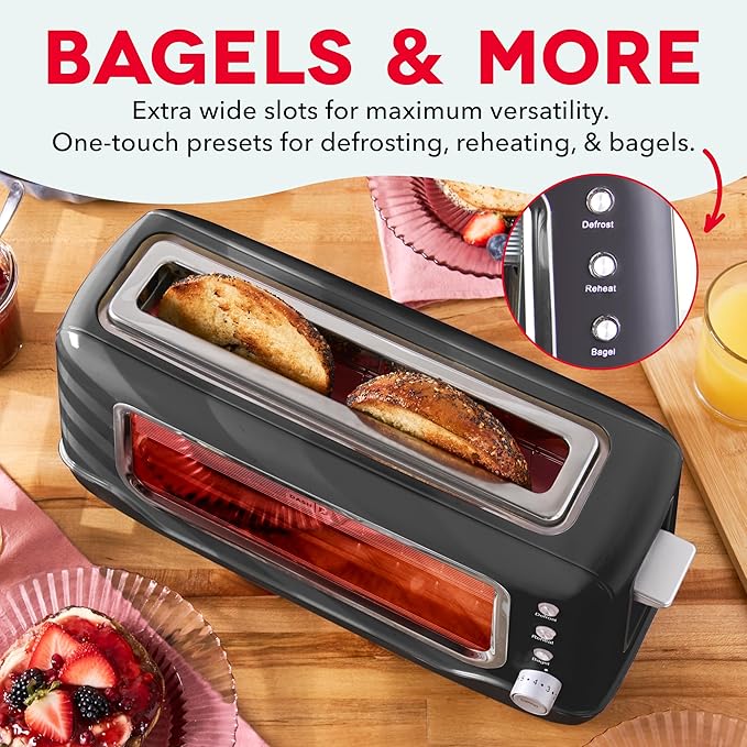 Dash Clear View Toaster - Features Large Window &amp Extra-Wide Slots - Auto-Shut Off Feature - Bagel Functions &amp Seven-Browning Levels - 1-Touch Defrost - Black