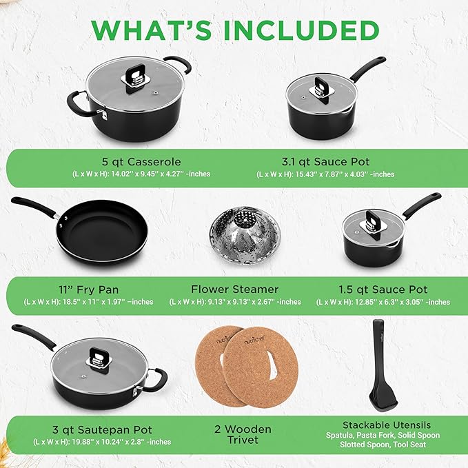 NutriChef 17-Piece Non-Stick Pans &amp Pots Set – Space-Saving Induction-Compatible Foldable Knob Black Cookware with Heat-Resistant Utensils for Kitchen &amp RV