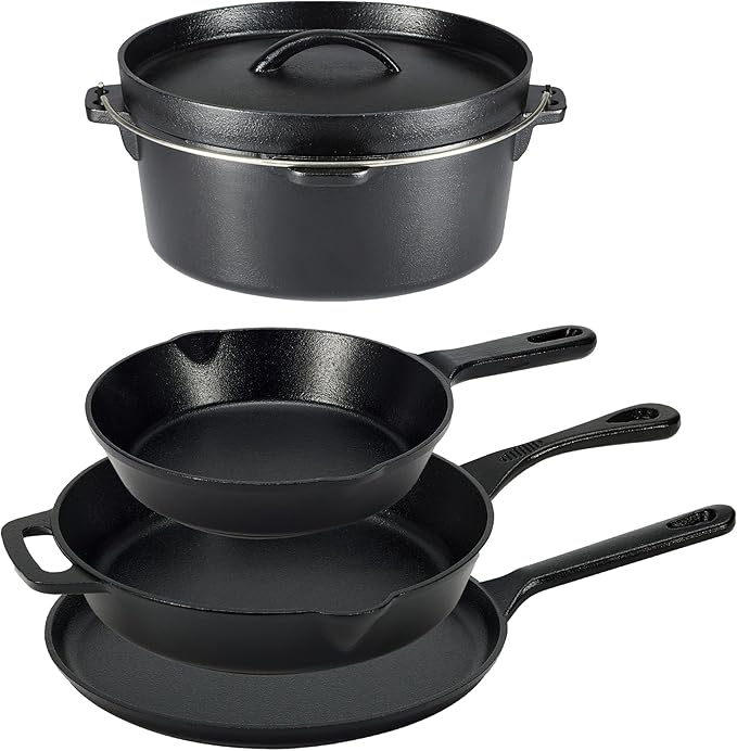 Amazon Basics Pre-Seasoned Cast Iron 5-Piece Cookware Set Oven Safe Cooks Evenly 14.17 x 12.2 x 10.63 in Black