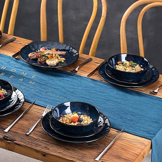 vicrays 18-Piece Kitchen Dinnerware Set Ceramic Fluted Dinner Plates Salad Plates Bowls Set Microwave Oven and Dishwasher Safe Scratch Resistant Suitable for Home Party Restaurant (Blue)