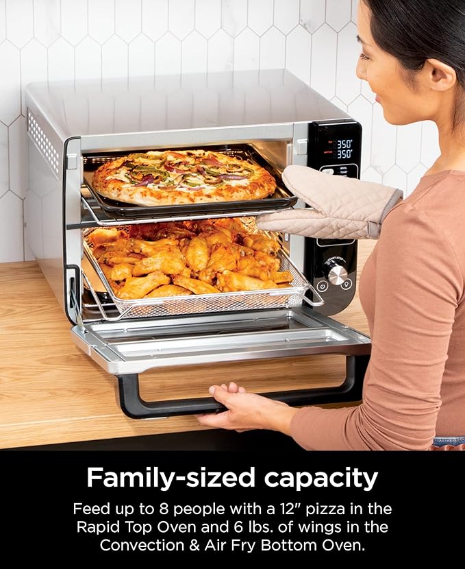 Ninja DCT401 12-in-1 Double Oven with FlexDoor FlavorSeal &amp Smart Finish Rapid Top Convection and Air Fry Bottom  Bake Roast Toast Air Fry Pizza and More Stainless Steel