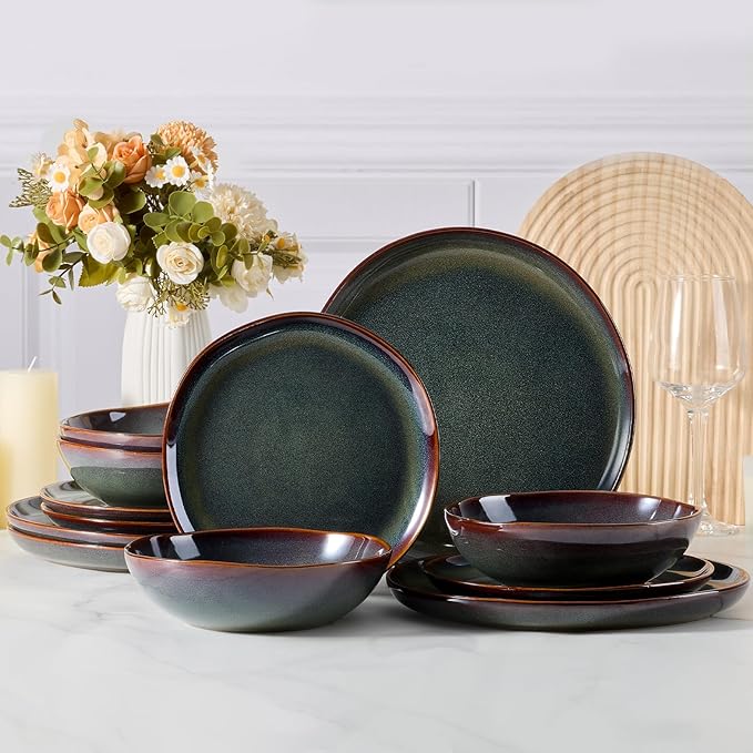 Vesteel Dinnerware Set for 4 12 Pieces Premium Stoneware Plates and Bowls Set Handmade Reactive Glaze Dishes for Home Chip &amp Scratch Resistant Microwave and Dishwasher Safe - Forest Green