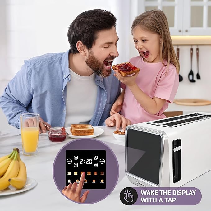Touch Screen Toaster - 4 Slice 2 Extra Long Slots - 5 Bread Types and 6 Browning Levels - Defrost Reheat Favorite &amp Single Slot Modes - For Toast Bagels &amp Waffles – White