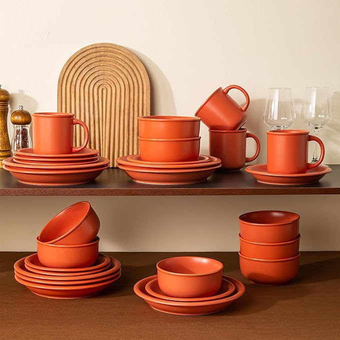 Timeworn Clay Dinnerware Set 12 Pieces Stoneware Sets for 4 Hand-Finished Glaze Farmhouse Plates and Bowls Microwave and Dishwasher Safe Terracotta Red