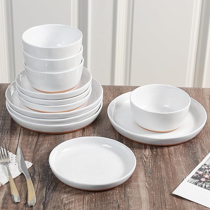 Ceramic Dinnerware SetsPorcelain Plates and Bowls Set with Rustic Terracotta Underside Scratch Resistant 12 Pieces Stoneware Dishes Set Dishwasher &amp Microwave SafeWhite(Brown)