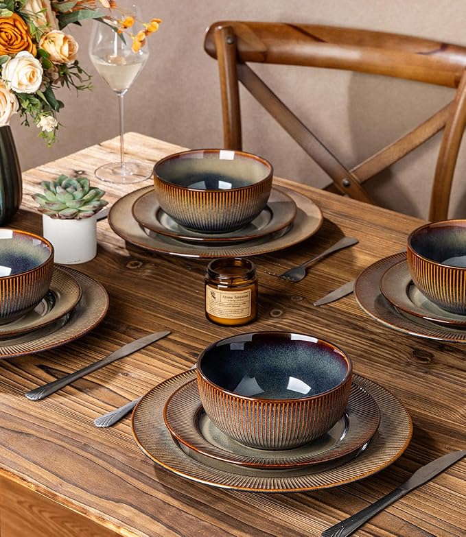TheTerra Stoneware Dinnerware Sets for 4 12 Pieces Ceramic Plates and Bowls Sets Scratch Resistant Embossed Dish Set Oven Microwave &amp Dishwasher Safe Coca Mocha