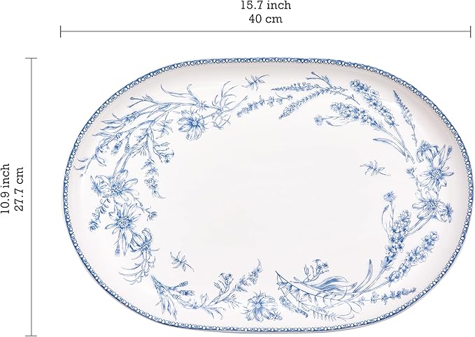 Bico Blue Garden Toile De Jouy 16 plus 12 inch Oval Platters Set Set of 2 Microwave and Dishwasher Safe for Serving Fish Chicken Turkey