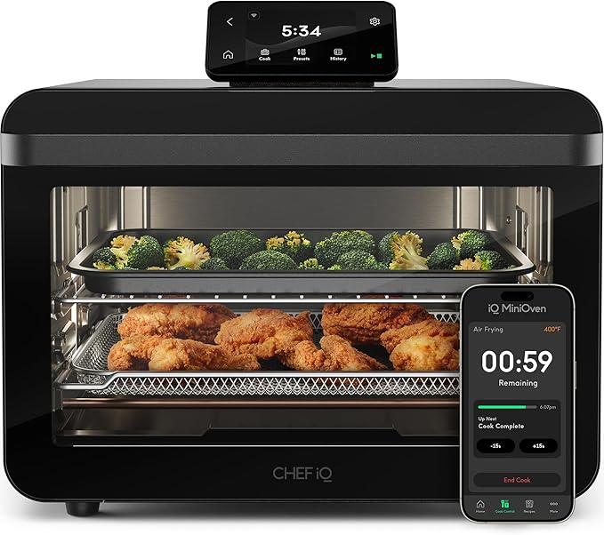 CHEF iQ MiniOven Smart Toaster Oven Air Fryer Combo 11-in-1 Countertop Convection Oven Bake Broil Air Fry Broil Dehydrate 1750W 25 Qt Capacity Fast Cooking with Touchscreen Controls – Black