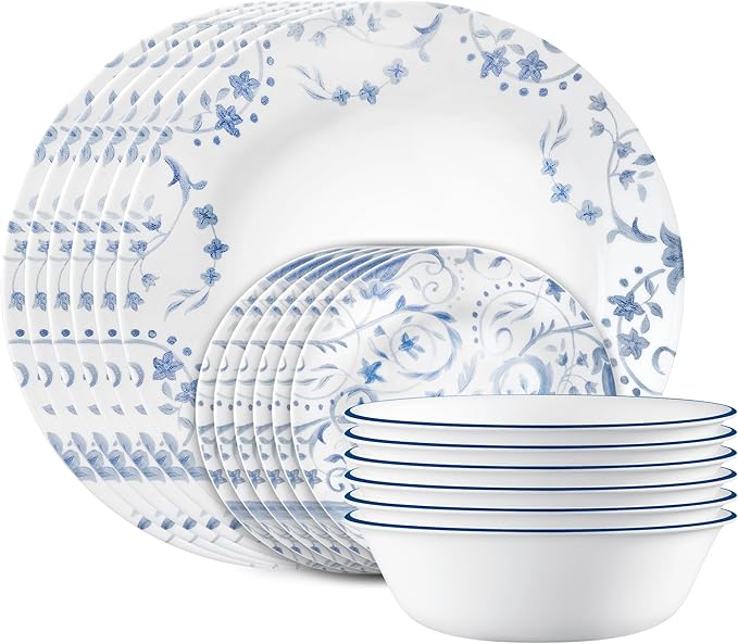 Corelle Vitrelle 18-Piece Service for 6 Dinnerware Set Triple Layer Glass and Chip Resistant Lightweight Round Plates and Bowls Set Darlington