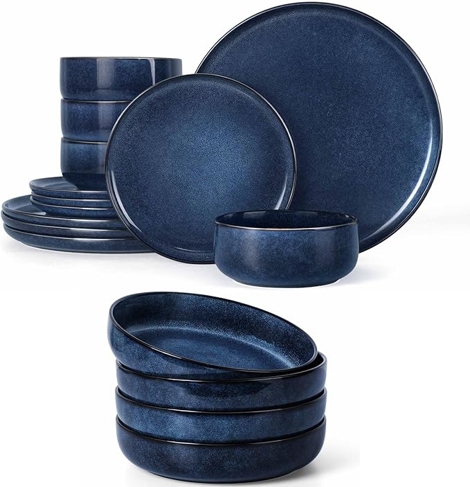 Herogo 16 Pieces Stoneware Dinnerware Set Service for 4 Dinner Plates and Bowls Sets Double Reactive Glaze Dishes Set for Kitchen Scratch Resistant Microwave &amp Dishwasher Safe Starry Blue
