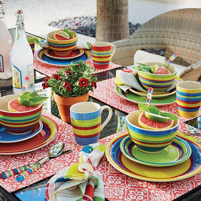 BrylaneHome 16 Piece Santa Fe Dinnerware Set (Service for 4) Includes Dinner &amp Salad or Dessert Plates Bowls Mugs Colorful Stripe Southwestern Fiesta Pattern - Multi Stripe