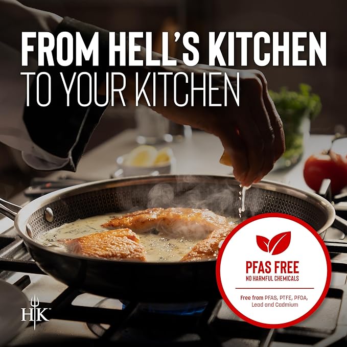 Hell's Kitchen Hybrid 3 Piece Essential Set 9.5-inch Frying Pan 5 Qt Pot and Tempered Glass Lid Tri-Clad Stainless Steel and PFAS-Free Ceramic Nonstick Metal Utensil Safe All Cooktops Oven Safe