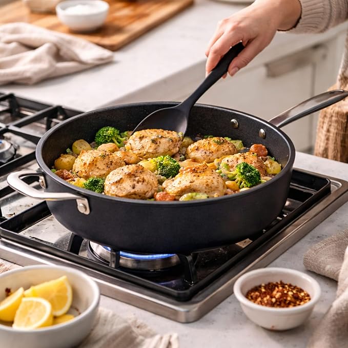 Alva Maestro 4QT Ceramic Nonstick Sauté Pan with Lid – Made With No PTFE PFOA PFAS Oven &amp Induction Safe to 400°F – Easy Clean Deep Sauté Pan for Family Meals Braising &amp One-Pot Cooking