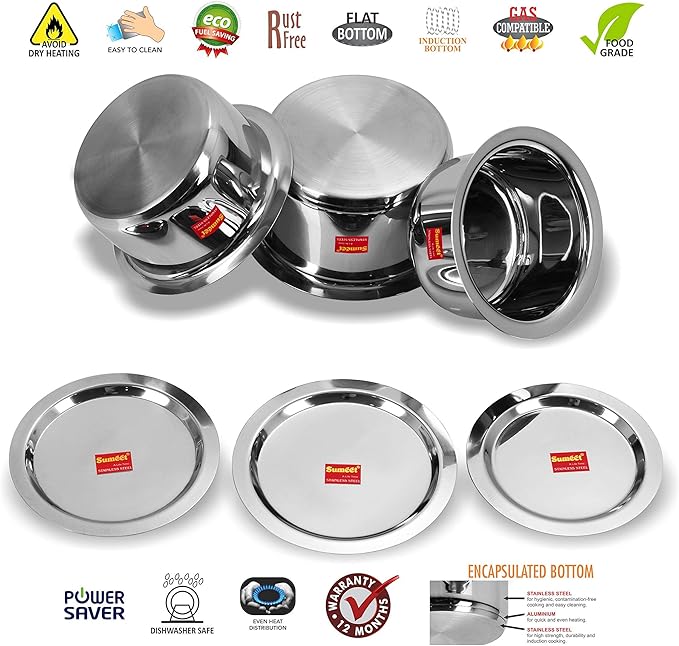 Sumeet Stainless Steel Cookware Set With Lid 1.7-2.8 Liter 3 Piece (Steel)