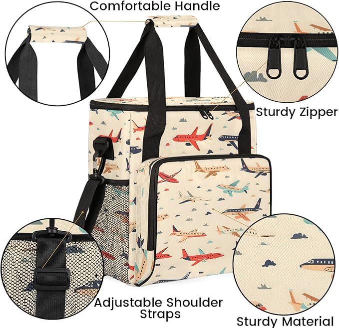 Cute Airplane Aircraft Coffee Maker Carring Bag Large Insulated Storage Organizer Case Tote Bags with Shoulder Strap for Travel Work Picnic
