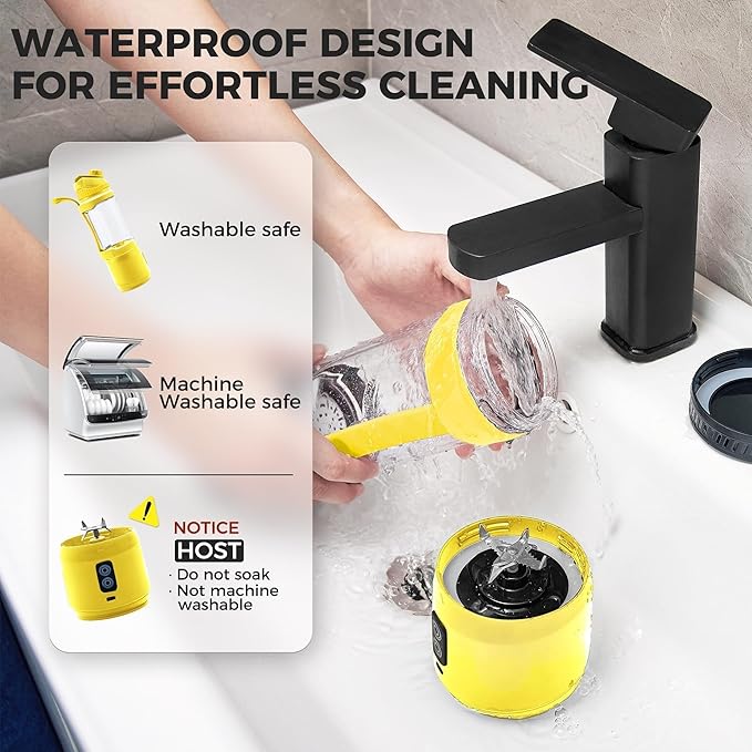 Portable Blender Anti-Jamming 300 Watt for Shakes and Smoothies 24oz Travel Blender USB Rechargeable BPA Free Sporty bottle with a Travel Lid. (Black Base Grey Lid) (Yellow Base Yellow Lid)