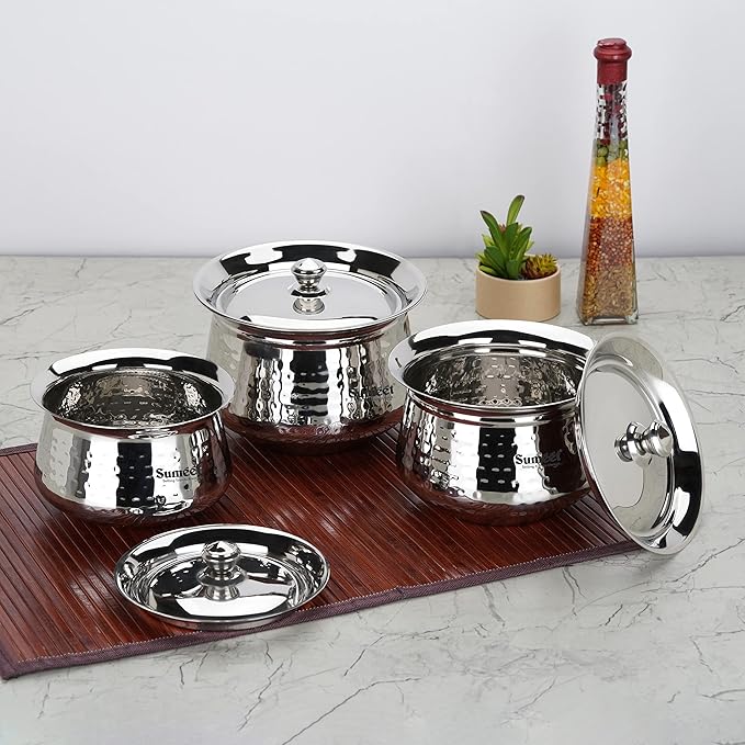 Sumeet Stainless Steel Handcrafted Hammered Texture Handi Set with Lid for Kitchen Set of 3 950ml 1300ml &amp 1700ml Silver