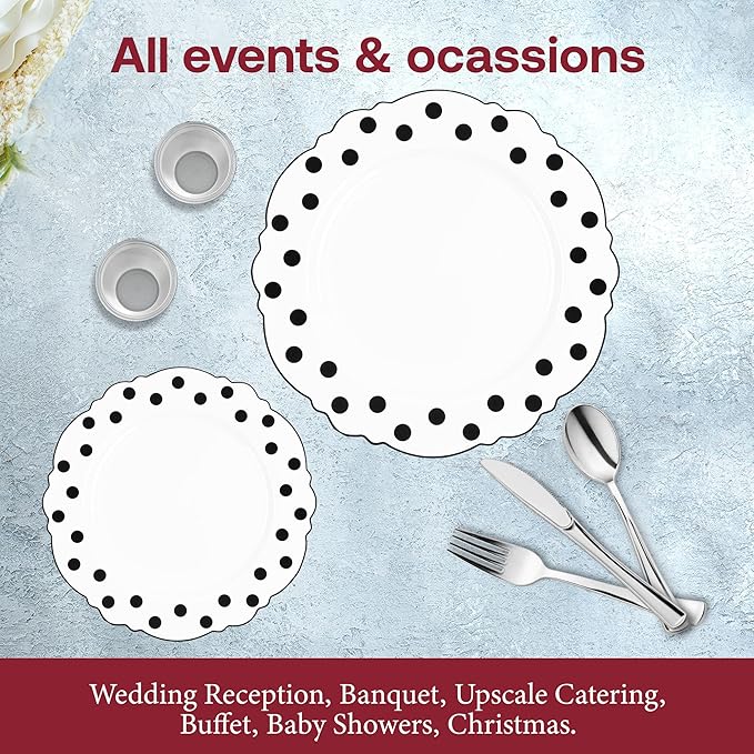 Smarty Had A Party Disposable Dinnerware Set 240 Pcs White with Black Dots Design 120 Dinner and 120 Salad Plates Heavy Duty Tableware for Weddings and Parties