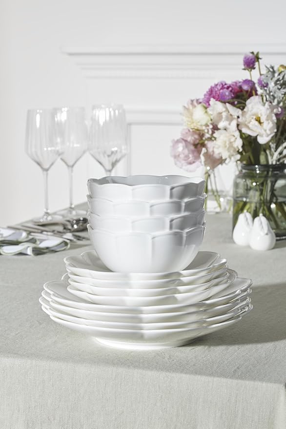 Lenox Dinnerware Set Studio 1414 Scallop 12-Piece Set Service For 4 Bone China Material Dishwasher &amp Microwave Safe Home And Kitchen Kitchen And Dining Plates And Bowls Sets (White 12 Piec