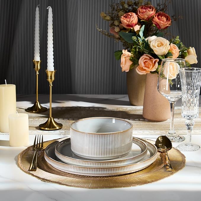 E-far Stoneware Dinnerware Sets 18-Pieces Modern Plates and Bowls Sets Kitchen Dinning Porcelain Dishes Set for 6 Chip &amp Scratch Resistant Dishwasher &amp Microwave Safe Creamy Beige