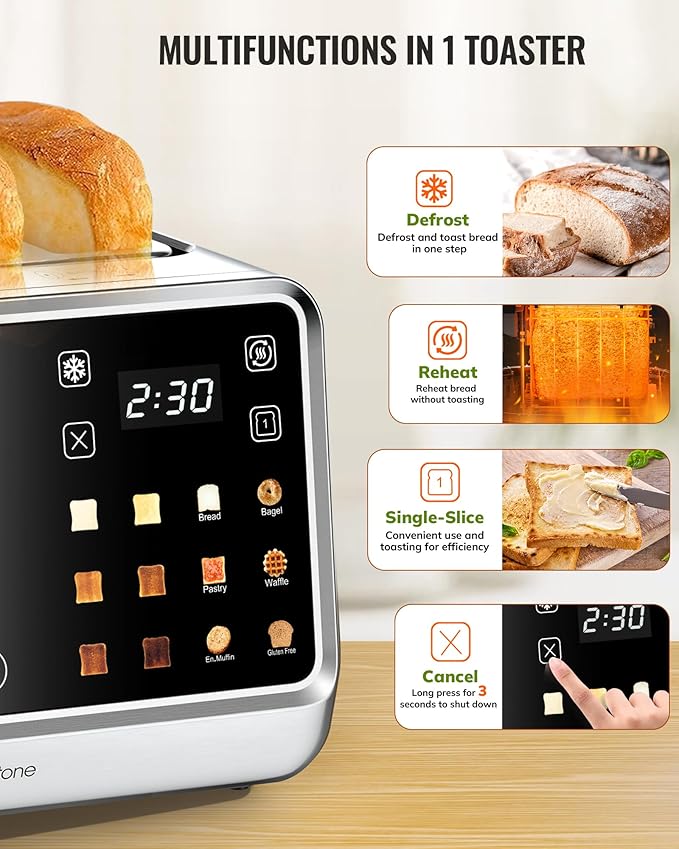 Toaster 4 Slice with TouchScreen Memory Function &amp Single-Slot Focus Keenstone 1800W Smart Digital Toaster for Ultimate Control Wide Slot to Reheat &amp Defrost Bagels Bread Waffles Stainle