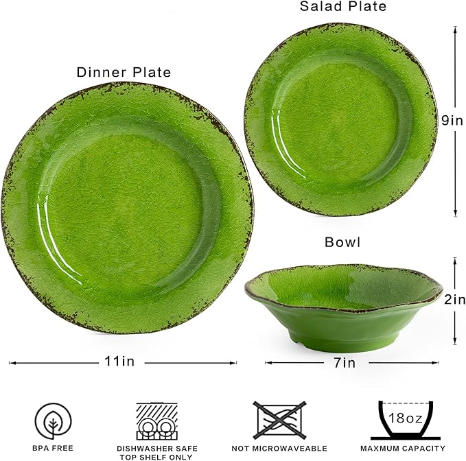 LEHAHA Melamine Dinnerware Set 12-Piece Dishes Set Lightweight and BPA Free Rustic Plates and Bowls Sets Service for 4 Indoor Outdoor Use Great for Patio Camping RVs (Green)