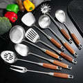 Stainless Steel Kitchen Utensils 12.5-14 Wooden Handle Metal Cooking Utensils Set 9 PCS Solid and Slotted Spoon Fork Spatula Ladle Skimmer Slotted Tunner Spaghetti Large Spoon