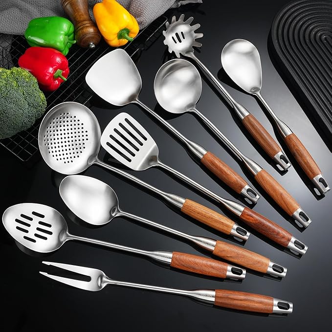 Stainless Steel Kitchen Utensils 12.5-14 Wooden Handle Metal Cooking Utensils Set 9 PCS Solid and Slotted Spoon Fork Spatula Ladle Skimmer Slotted Tunner Spaghetti Large Spoon