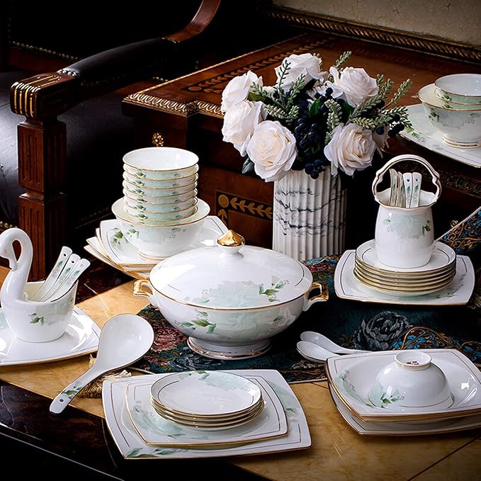 Kitchen Tableware SetCeramics Dinnerware Set 48 Pieces High-end Porcelain Dinner Sets with Soup Pot and Cereal Bowl Bone China Dishware Set for Wedding Banquet