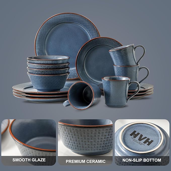 HVH Plates and Bowls Sets 16 Pieces Stoneware Dinnerware Sets Kitchen Dishes Set for 4 Dinner Dessert Plates Cereal Bowls and mugs for Party and Dinner Cross Pattern Farmhouse Style (Dark Blue)