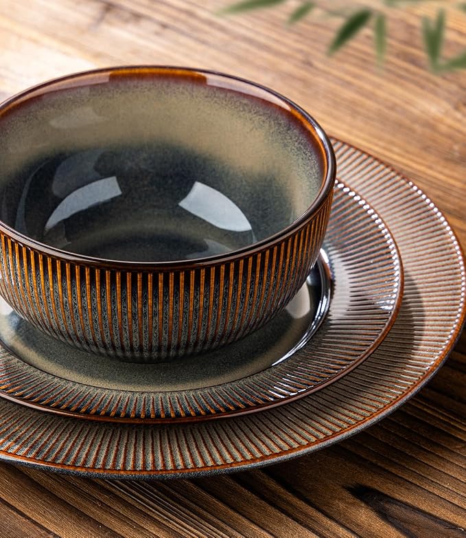 TheTerra Stoneware Dinnerware Sets for 4 12 Pieces Ceramic Plates and Bowls Sets Scratch Resistant Embossed Dish Set Oven Microwave &amp Dishwasher Safe Coca Mocha