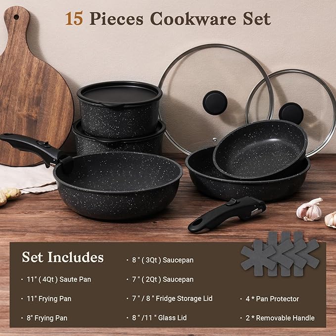 15Pcs Pots and Pans Set Non Stick Cookware Sets with Detachable Handle Nonstick RV Kitchen Cooking Tools Removable Handles Oven Safe Induction Fast Stackable Induction CookwareBlack