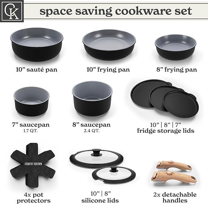 Country Kitchen Cookware Set with Removable Handle Oven &amp RV Safe Pots and Pans Set Black/Grey Wood Handle Original