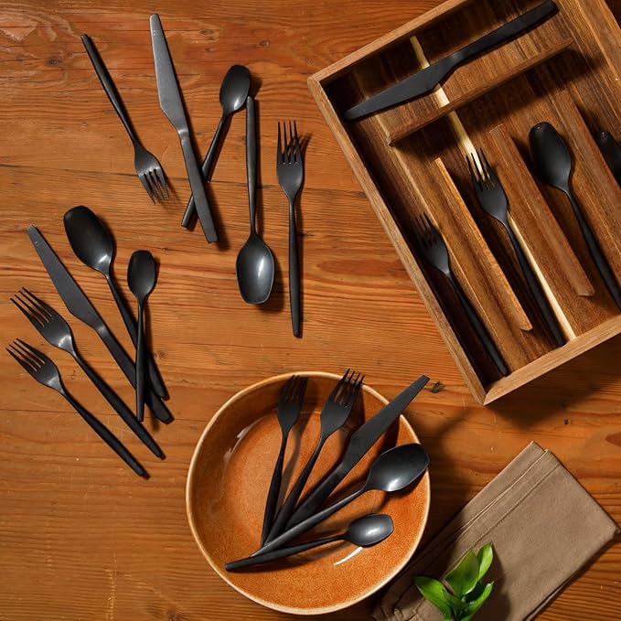 Bloomhouse - Two Time Oprah's Favorite Things Winner - 20 Piece Stone Washed Black Flatware 18/10 Stainless Steel Silverware Cutlery Utensil Set With Acacia Wood Caddy - Service for 4