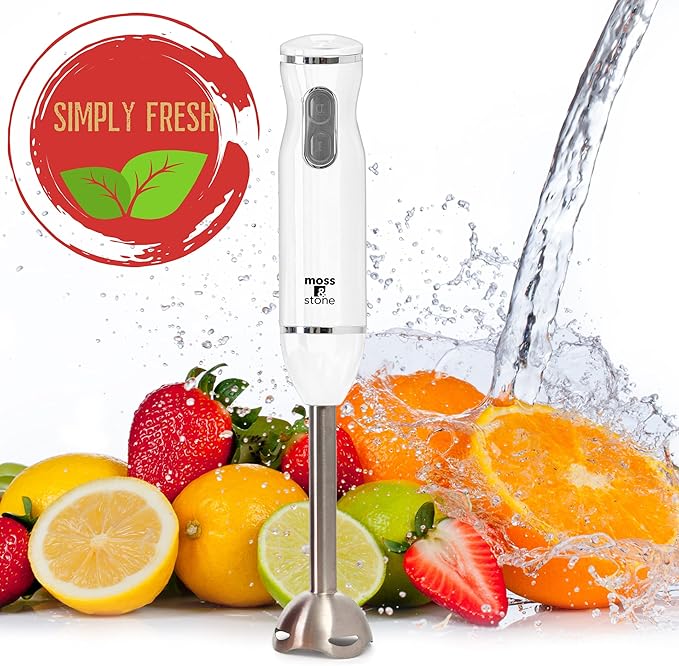 Moss &amp Stone Hand Blender With Egg Whisk &amp Chopper Powerful 300 Watt - Stick Blender Hand Mixer Set Stainless Steel Shaft &amp Blades White Handheld Blender With Ergonomic Handle
