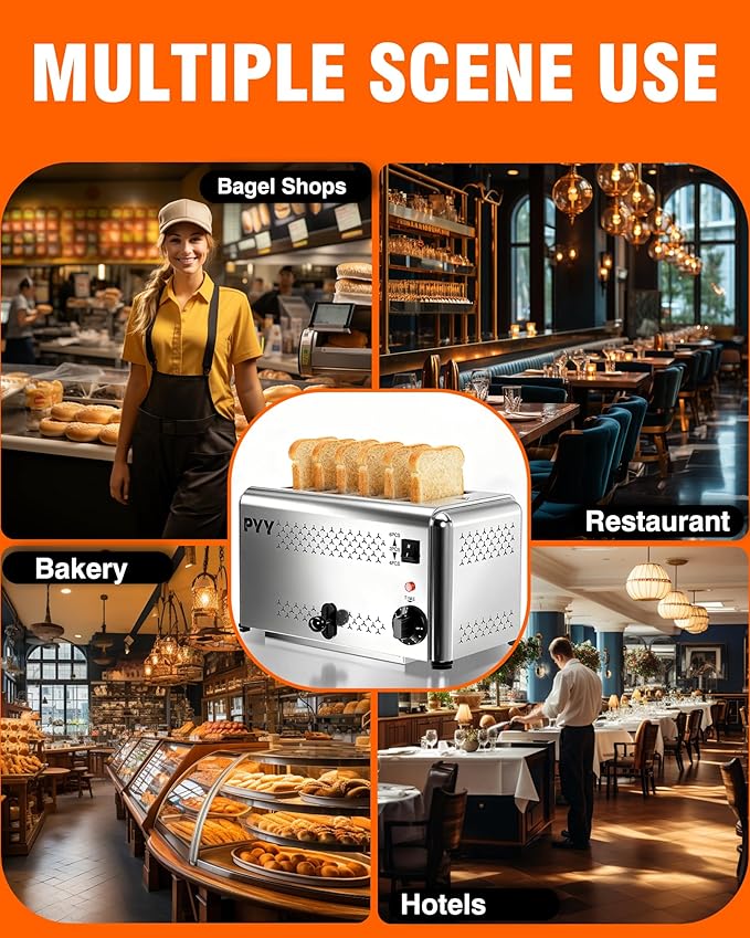 PYY Toaster Pop Up Wide Slots 1.57 inch Stainless Steel 6-Level Setting with Removable Crumb Tray 225 Slices/Hour 1800W - Bread Bagels Breakfast Texas Toast Restaurant Commercial