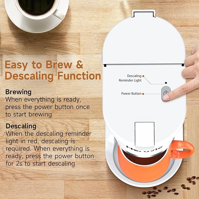 Small Single Serve Coffee Maker Fast Brew One Cup Coffee Machine for K Cup and Grounds 6 to 12 oz. Brew Sizes Capsule Coffee Machine with Descaling Reminder and Viewing Tank White