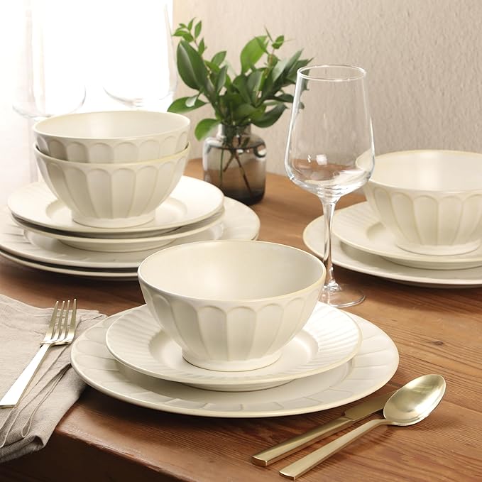 Gibson Elite Winchester Way 12-Piece Embossed Stoneware Dinnerware Set – Reactive Matte Glaze Durable Lightweight-Tech Plates &amp Bowls Everyday Dish Set Microwave &amp Dishwasher Safe – Off-Whi