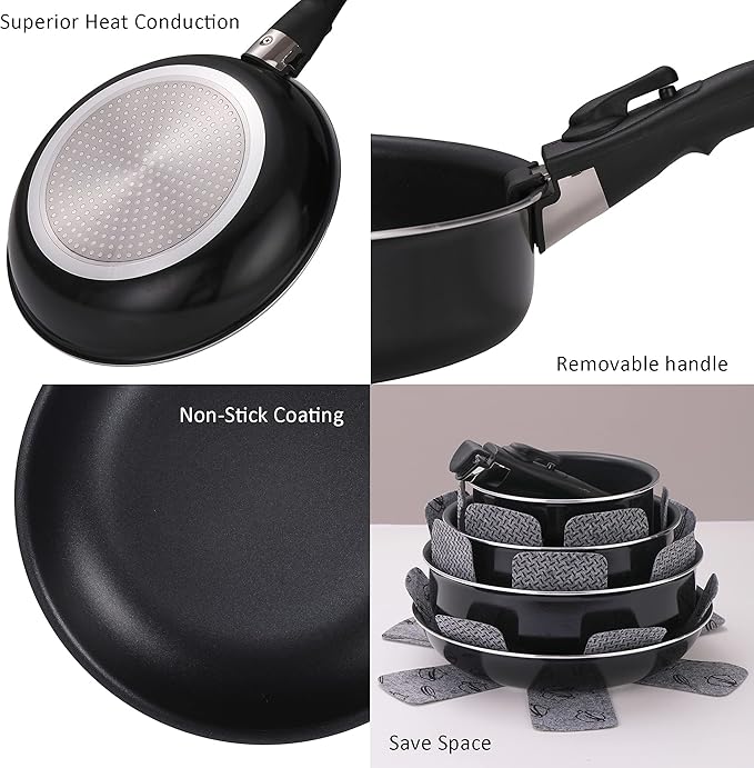 16 Pieces Kitchen Removable Handle Cookware Sets Stackable Pots and Pans Set Nonstick for Induction Gas RVs Camping Space Saving