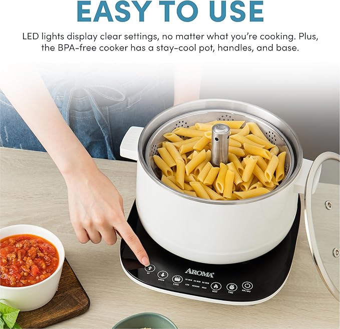 Aroma Housewares 2.5-Liter Smart Electric Hot Pot &amp Rapid Boil Steamer with Automatic Stainless Steel Steamer Basket Lift White ASP-700