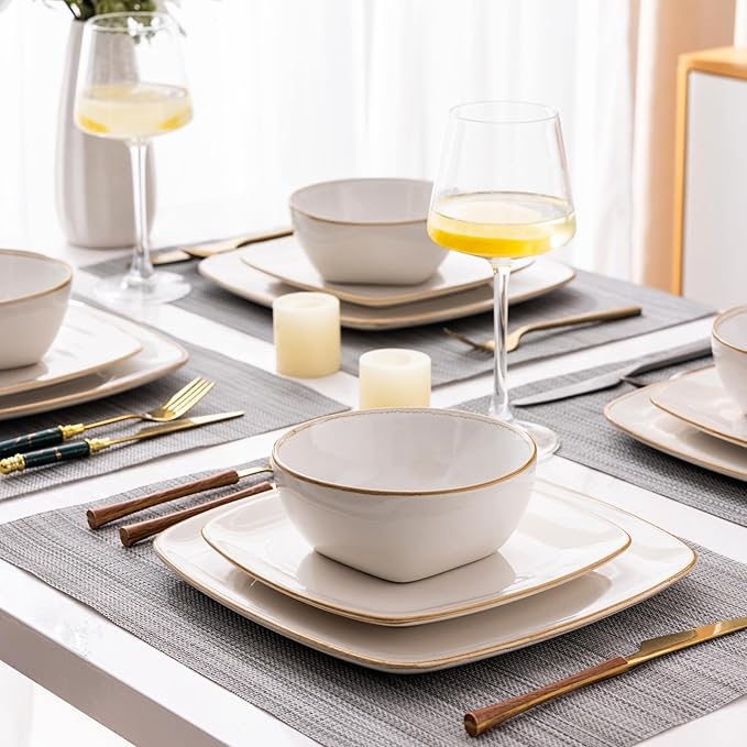 AmorArc Ceramic Dinnerware Sets for 4 12 Pieces Square Handpainted Plates and Bowls Set Chip and Scratch Resistant Stoneware Dishes Set Dishwasher &amp Microwave Safe Pearl White