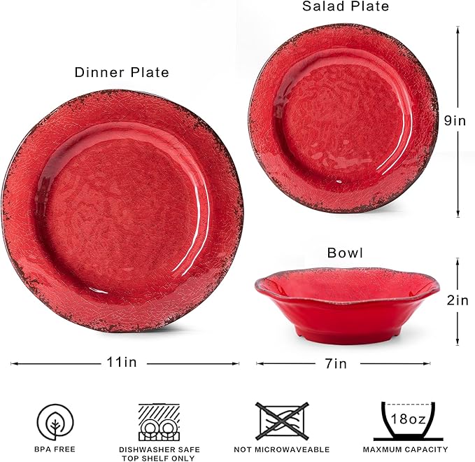 LEHAHA Farmhouse Plates and bowls set 12 Piece Christmas Melamine Dinnerware Sets for 4Lightweight and Unbreakable Dishes SetPerfect for Indoor and Outdoor and Picnic use. Red