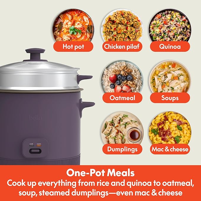 bella 16 Cup Rice Cooker with Steamer Dishwasher Safe Steaming Basket Rice Paddle and Measuring Cup Removable Nonstick Cooking Bowl Automatic Keep Warm Function 400 Watt Plum