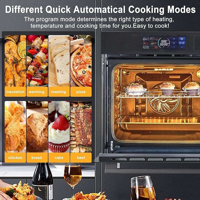 24 Built-In Electric Wall Oven with Steam Grill &amp Air Fry 3000W Convection Oven 2.5 Cu.Ft Stainless Steel Interior Color Touchscreen Control 240V